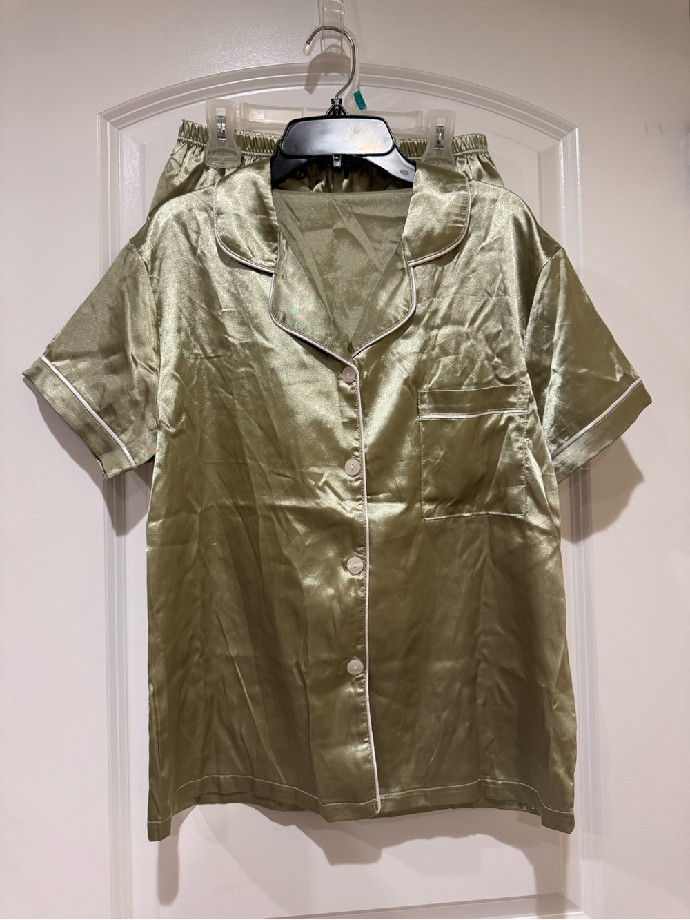 Satin Short Sleeve Pajama Top & Shorts set in sage green